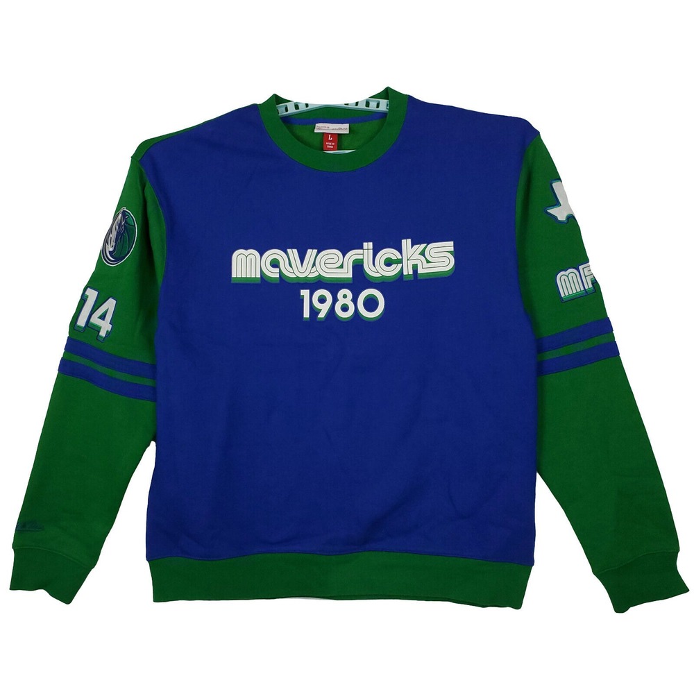 Dallas Mavs Mitchell & Ness NBA Large Sweatshirt 1980 Art Sleeve Logos‎ Blue New